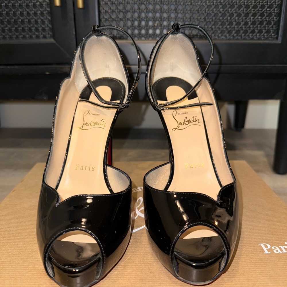 Christian Louboutin Glossy Black Peep-Toe Heels